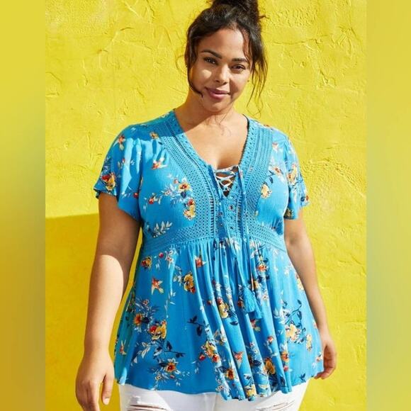 Torrid teal‎ babydoll Crinkle Gauze Crochet Inset Lace-Up Top plus size 1 1X 16 - Picture 1 of 12